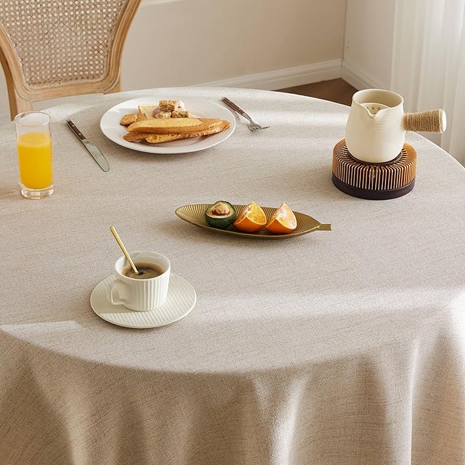 Linen Tablecloth with Tassels, Farmhouse Style Beige Tablecloth, Water Resistant Burlap Tablecloths for Round Table, 60 Inch Round Natural