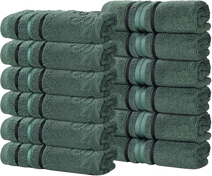 Superior Cotton Face Towel/Washcloth Set, Small Facial Towels, Spa, Hotel, Guest, Home, Bathroom Basics, Plush Soft Absorbent, Luxury Quick Drying, Zero Twist, Floral Design, Set of 12, Forest Green