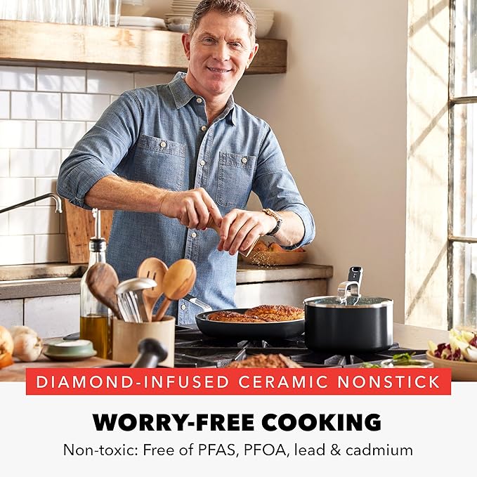 GreenPan x Bobby Flay 8" Nonstick Frying Pan Skillet, PFAS-Free Diamond Ceramic, Induction Suitable, Stay-Cool Silicone Handle, Easy Clean Dishwasher & Oven Safe, Egg & Omelet Pan, Black