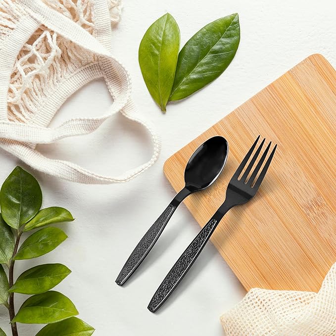 200 Count Black Plastic Silverware Heavy Duty - Black Plastic Forks And Spoons Set - BPA Free Plastic Utensils Set - Heat Resistance Cutlery For All Occasions