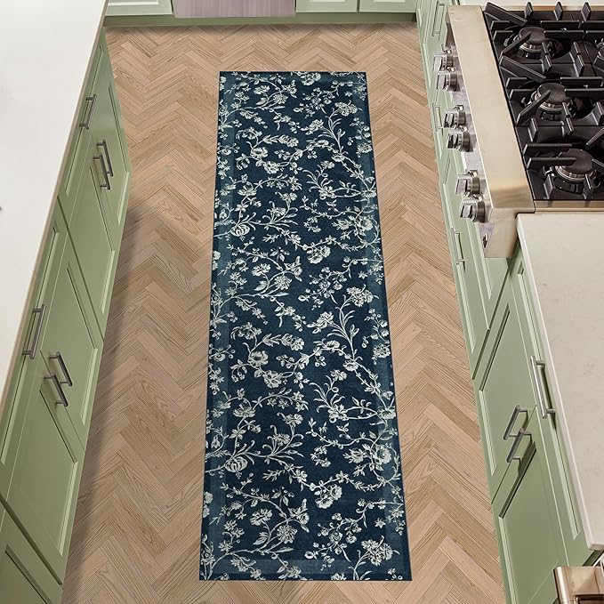 Laura Ashley Dark Navy Aria Floral Border Machine Washable & Slip Resistant 26" x 72" Runner Rug