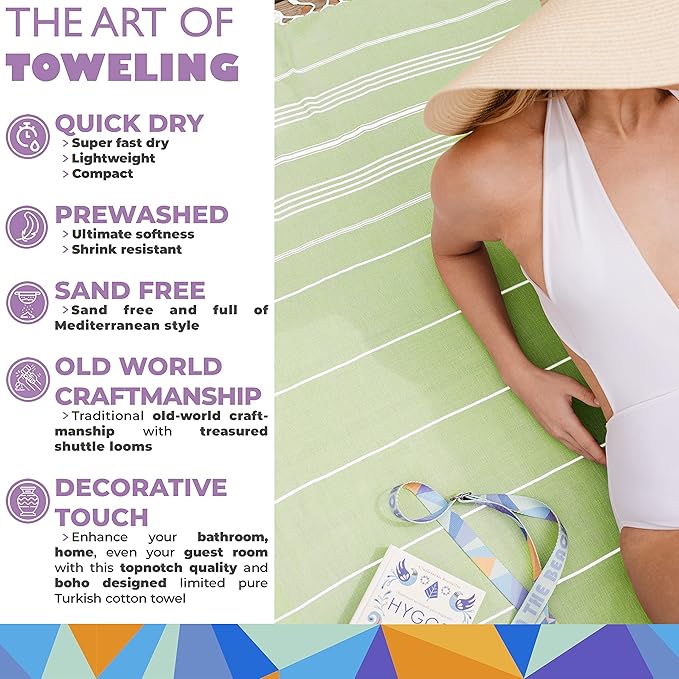 Madamelique Turkish Beach Towel with Beach Bag - 39 x 74 - Prewashed Beach Towels Oversized -%100Cotton - Quick Dry - Sand Free - Hand Loomed Turkish Bath Towels - Unique Absorbent Towel (Pistachio)