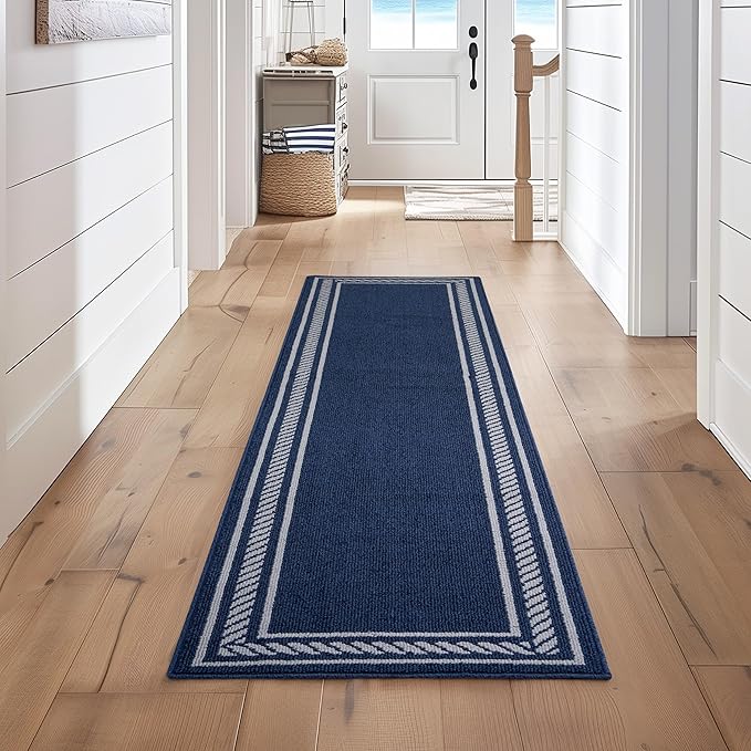 Nautica – Runner Rug | Indoor Runners for Hallways and Entry Rugs| Non-Slip and Non-Skid Entry and Kitchen Door Mat| Machine Washable Entryway Carpet Rugs | 2'6" x 10' | Rope Border Denim