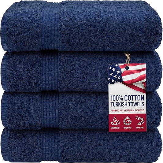 American Veteran Towel, 100% Cotton Turkish Bath Towels for Bathroom 4 Pack, 27x54 Extra Large Premium Soft Drying Bathroom Towels, Navy Blue