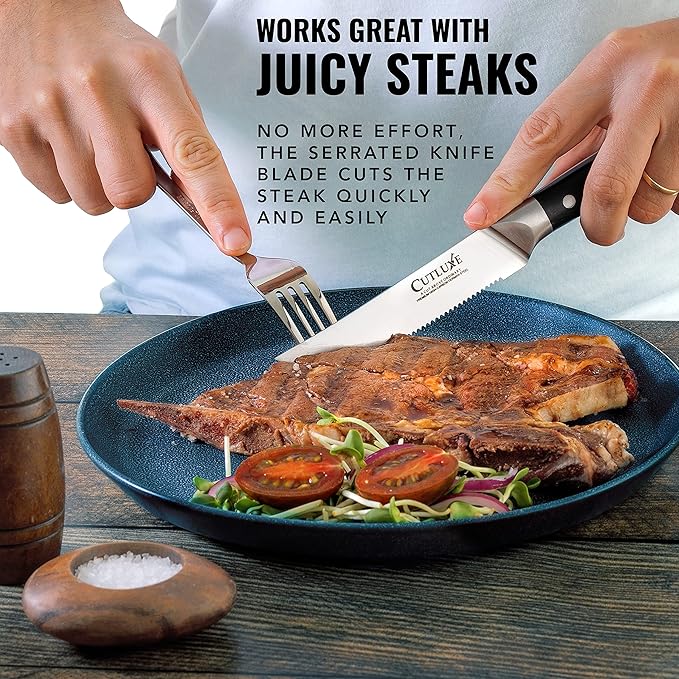 Cutluxe Steak Knives Set of 4, Serrated Steak Knives – Forged High Carbon German Steel, Full Tang, Ergonomic Handle Design – Artisan Series