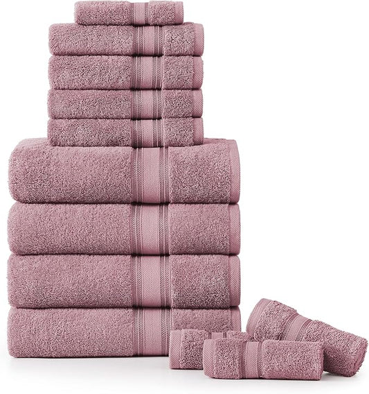 LANE LINEN Bathroom Towels Set of 12 – Zero Twist, 100% Cotton, 4 Bath, 4 Handtowel & 4 Washcloths, Luxury Hotel Design, Perfect for Salon & Guests, Machine Washable – Wishful Mauve