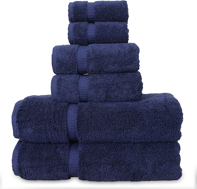 Luxury Hotel & Spa Quality, Quick Dry 100% Turkish Cotton, 700 GSM, Eco Friendly Towel, Bathroom and Kitchen Dobby Border Towels, 2-Bath Towel, 2-Hand Towel, 2-Washcloth (Bundle Set of 6, Navy Blue)