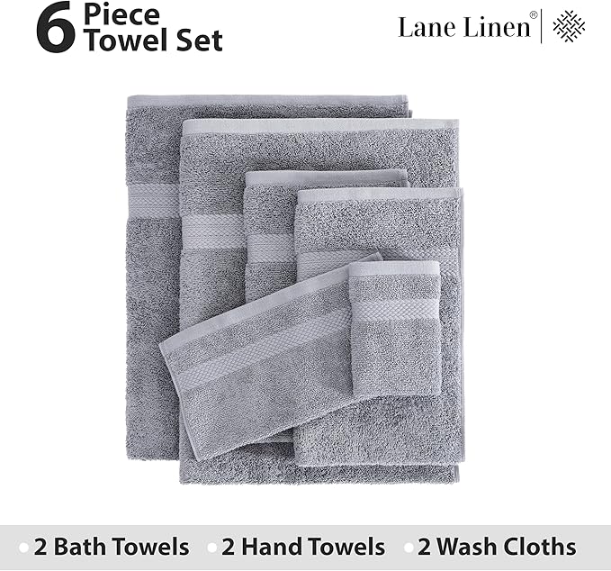Lane Linen 100% Mercerized Cotton Luxury Bathroom Towels Set - 6 Pieces - Ring Spun Technology - 2 Bath, 2 Washcloths, 2 Hand Towels - Suitable for All Skin Types including Sensitive Skin - Space Grey