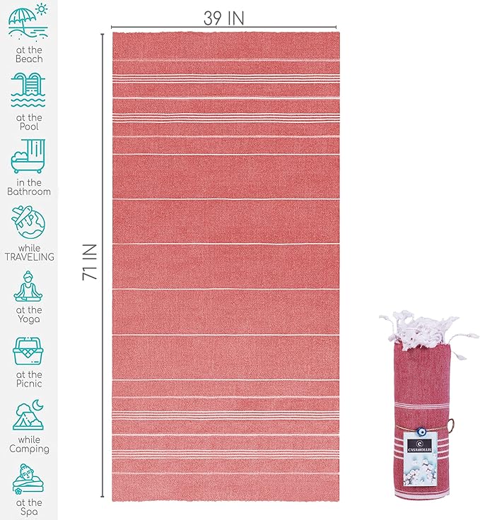 Turkish Beach Towel with Travel Bag 39 x 71 Quick Dry Sand Free Lightweight Large Oversized Beach Towel Turkish Towels Light Beach Towel Travel Towels (Red)
