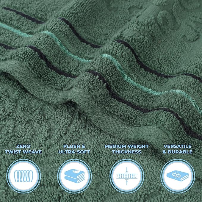 Superior Cotton Face Towel/Washcloth Set, Small Facial Towels, Spa, Hotel, Guest, Home, Bathroom Basics, Plush Soft Absorbent, Luxury Quick Drying, Zero Twist, Floral Design, Set of 12, Forest Green