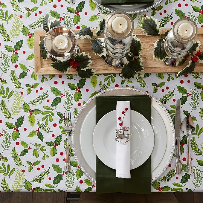 DII Boughs of Holly Collection Decorative Holiday Dining Table & Kitchen Décor, Square Tablecloth, 52x52, Christmas Greenery