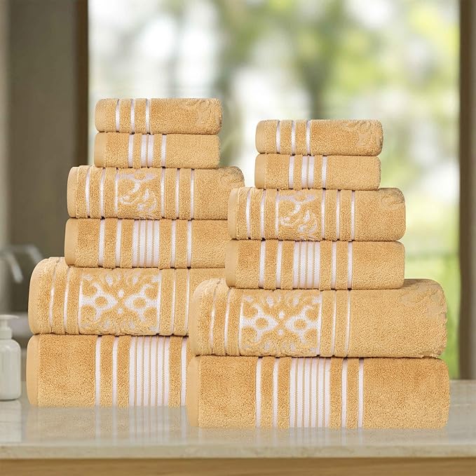 Superior Cotton 12 Piece Assorted Floral Towel Set, Includes 4 Bath, 4 Hand, 4 Washcloth/Face Towels, Quick Dry, Home Essentials, Shower, Spa, Luxury Plush Soft Absorbent Towels, Zero Twist, Gold
