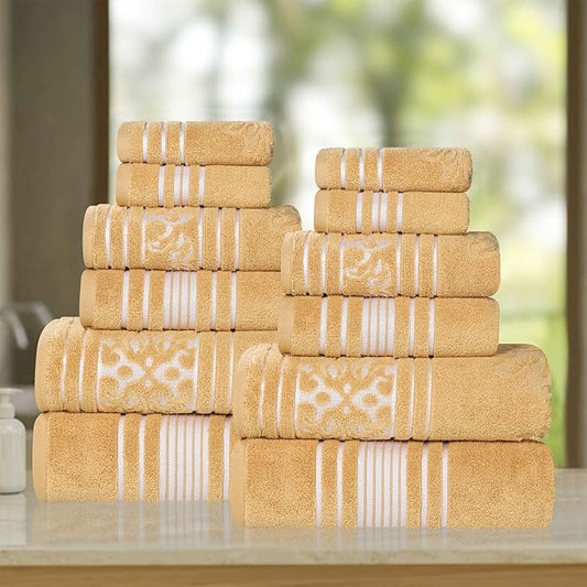 Superior Cotton 12 Piece Assorted Floral Towel Set, Includes 4 Bath, 4 Hand, 4 Washcloth/Face Towels, Quick Dry, Home Essentials, Shower, Spa, Luxury Plush Soft Absorbent Towels, Zero Twist, Gold