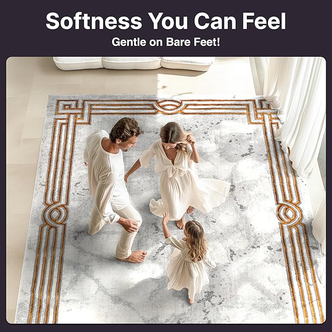 Well Woven Fairmont Collection Huntington Grey Gold & Ivory Marble Border Elegant & Soft 2x3 Mat Rug Perfect for Entryway & Bedroom Durable Stain Resistant & Easy to Clean