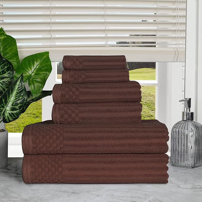 Cotton 6-Piece Solid and Ribbed Towel Set, Face Towels 13” x 13”, Hand Towels 16” x 28”, Bath Towels 27” x 54”, Java by Superior