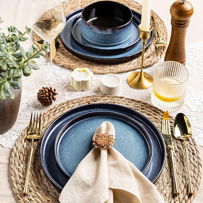 LERATIO Ceramic Dinnerware Sets for 4,Round Reactive Glaze Ceramic Plates and Bowls Set,Highly Chip and Crack Resistant | Dishwasher & Microwave Safe Dishes Set,Service for 4 (12pc)-Blue