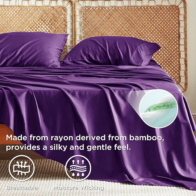 Bedsure King Size Sheets Set, Cooling Sheets for Hot Sleepers, Rayon Derived from Bamboo, Breathable & Soft, Deep Pocket Up to 16 Inches, Hotel Luxury Silky Bedding, Plum