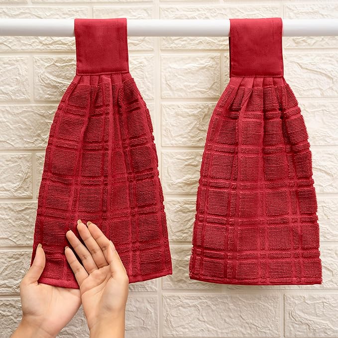 Blue Needles Hanging Kitchen Towels - Red 100% Cotton Solid Kitchen Tie Towel, Set of 2 Hand Dish Cloth with Hanging Loops 9 x 17 Inches, Absorbent, Super Soft, and Fast Drying Home Essential