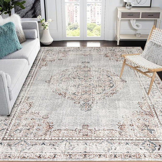 Easy-Going Area Rug 5x7 Washable Boho Rugs for Living Room Non-Slip Bedroom Rug Low Pile Lightweight Vintage Distressed Throw Rug for Dining Room Kitchen Home Office Carpet, Grey Brick