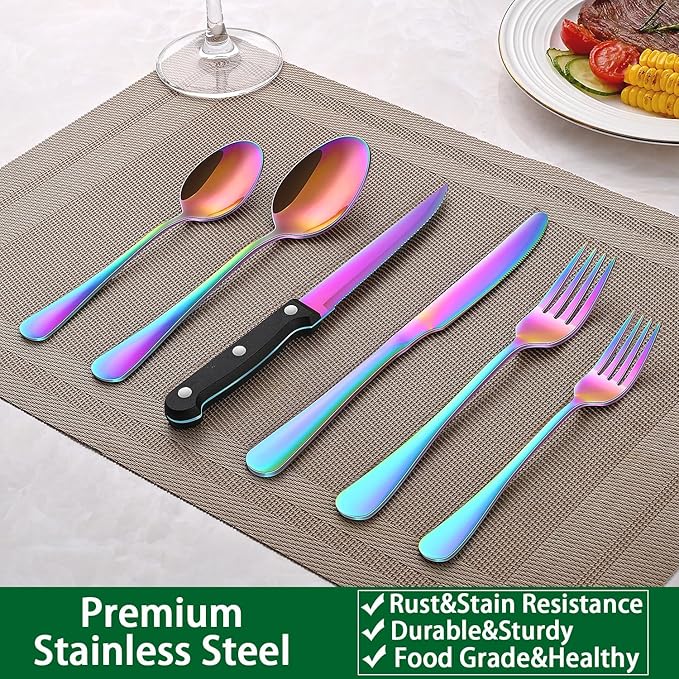 49-Pieces Colorful Rainbow Stainless Steel Silverware Sets With Organizer And Steak Knives,Knife Spoon And Fork Eating Utensils Sets For Ktichen,Multicolor Flatware Sets With Cutlery Tray