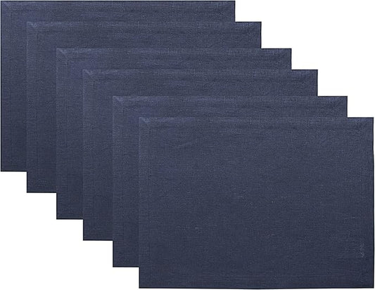 Solino Home Linen Navy Blue Placemats Set of 6-100% Pure Linen Placemats 14 x 19 Inch for Holiday, Winter, New Year - Fete