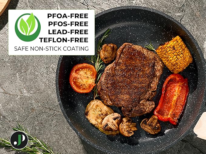 JUST PERFECTO Kitchen Pots and Pans Set with Lids Non Stick Induction Cookware Set Nonstick Frying Pans Set 14 Pcs Healthy Cooking Pots without PTFE and PFOA – Gray