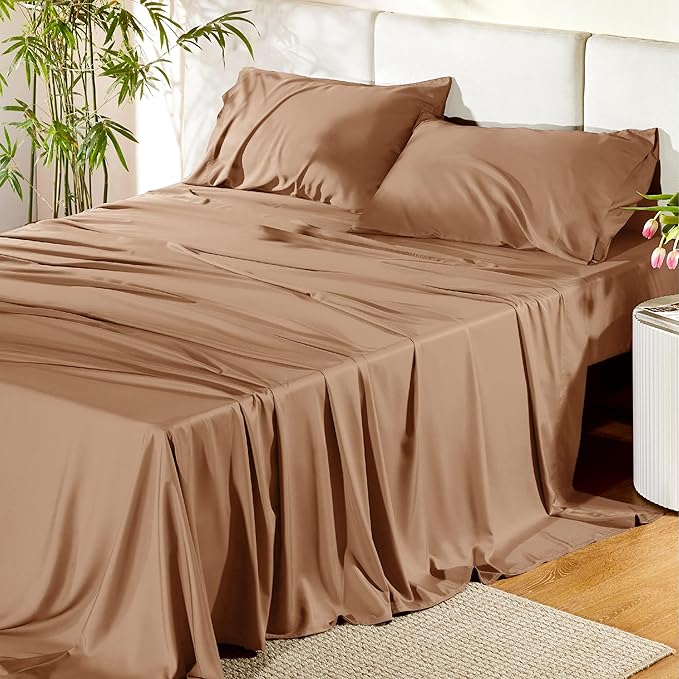 Bedsure Full Size Bed Sheets, Cooling Sheets, Rayon Derived from Bamboo, Breathable & Soft, Deep Pocket Up to 16 Inches, Hotel Luxury Silky Bedding for Hot Sleepers, Khaki
