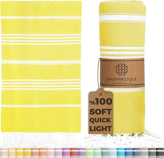 Madamelique Turkish Beach Towel Oversized - 39 x 74 - Quick Dry - Sand Free - Extra Large - Prewashed Beach Towels - Summer Gift - Beach Essentials - Travel Towel (Mediterranean Without Bag, Yellow)
