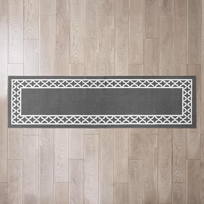 Nautica Runner Rug, Indoor Carpet for Entryway & Hallway Rug, Non-Skid Entry and Kitchen Door Mat, Machine Washable Low Profile Floor Mat, 26" x 96", Trellis Border Dark Grey and White