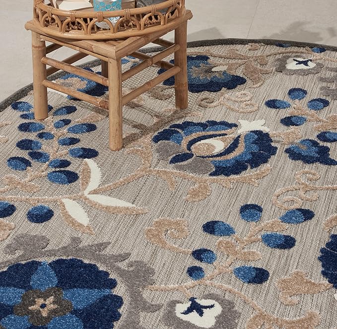 Nourison Aloha Indoor/Outdoor Natural/Blue 4' x Round Area Rug, Easy Clean, Non Shedding, Bed Room, Living Room, Dining Room, Backyard, Deck, Patio (4 Round)