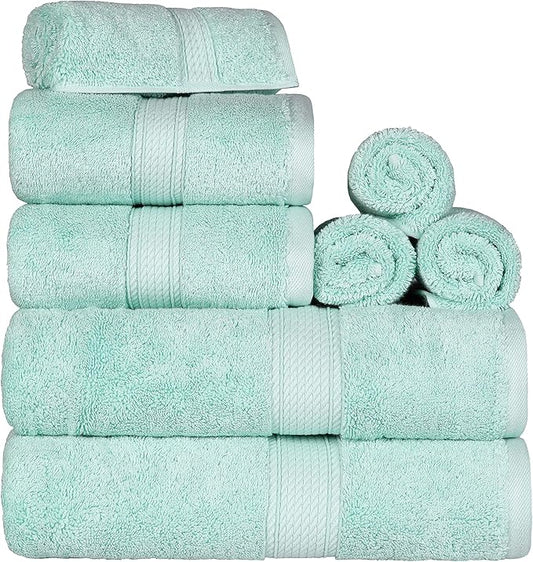 Superior Egyptian Cotton Pile 8 Piece Towel Set, Includes 2 Bath, 2 Hand, 4 Face Towels/Washcloths, Ultra Soft Luxury Towels, Thick Plush Essentials, Guest Bath, Spa, Hotel Bathroom, Sea Foam