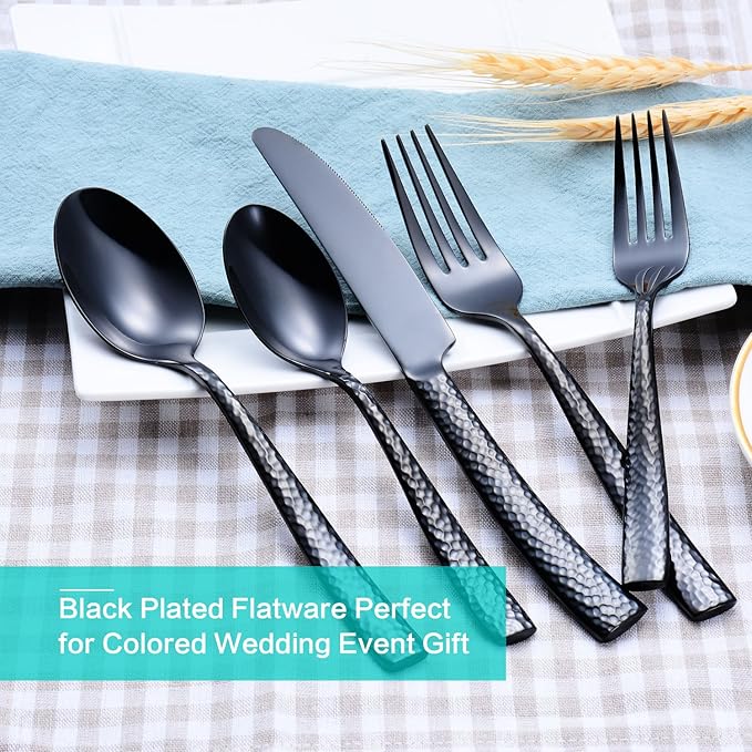 Silverware Set Black Hammered Pattern Flatware Cutlery Stainless Steel Utensil 20 Pieces Spoons Forks and Knives Service for 4