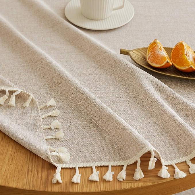 Linen Tablecloth with Tassels, Farmhouse Style Beige Tablecloth, Water Resistant Burlap Tablecloths for Round Table, 52 Inch Round Natural