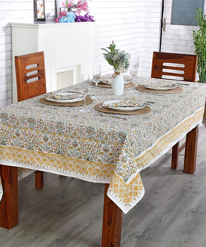 Ridhi Goldenrod Yellow Hand Block Print Cotton Rectangle Tablecloth 190" x 72" inches Reusable Table Cover Decorative Everyday Use for Dining, Farmhouse, Home, Party, Festive, Wedding, Fall