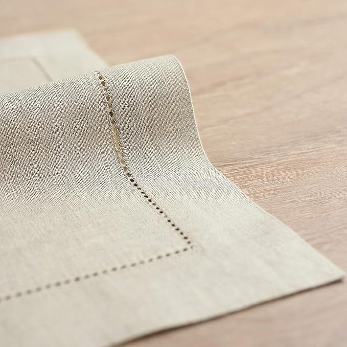 Solino Home Linen Placemats Set of 6 - Classic Hemstitch Natural Placemats 14 x 19 Inch - 100% Pure Linen Table Mats for Holiday, New Year