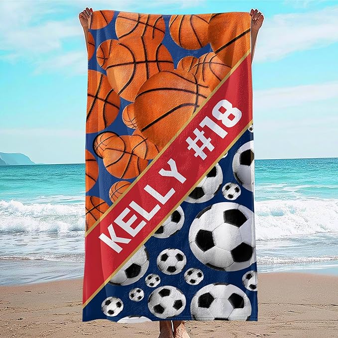Personalized Beach Towel With Name, Custom Beach Towel with Text, Customized Basketball Football Microfiber Pool Towel, Quick Dry & Absorbent Swim Towel for Adult,Anniversary, Birthday, Summer Holiday