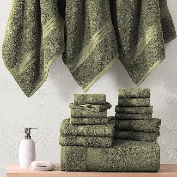 Lane Linen 100% Cotton Luxury Bath Towel Set - 16 Pieces - Ring Spun, Super Soft & Highly Absorbent - 4 Bath, 8 Washcloths, 4 Hand Towels for Bathroom - Minimal Lint & Fading, Pre Shrunk - Olive Green