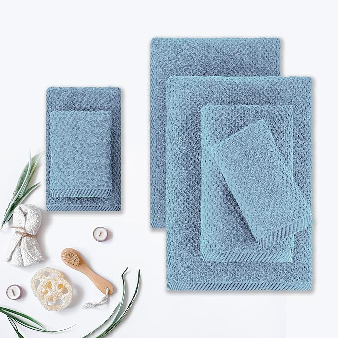 CASA COPENHAGEN Popcorn 6 Pieces Towel Set- Dusty Blue, 600 GSM 2 Bath Towel 2 Hand Towel 2 Washcloth, Designed in Denmark Made of Soft Egyptian Cotton for Bathroom, Kitchen & Shower