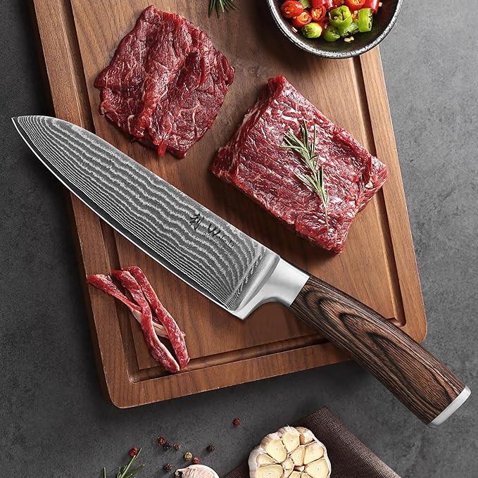 Wakoli EDIB 3-Piece Damascus Kitchen Knife Set in Wooden Gift Box – Sharp Knives Set made of Genuine Damascus Steel (VG10 Core) – Santoku, Small Santoku & Paring Knife – Ergonomic Pakkawood Handles