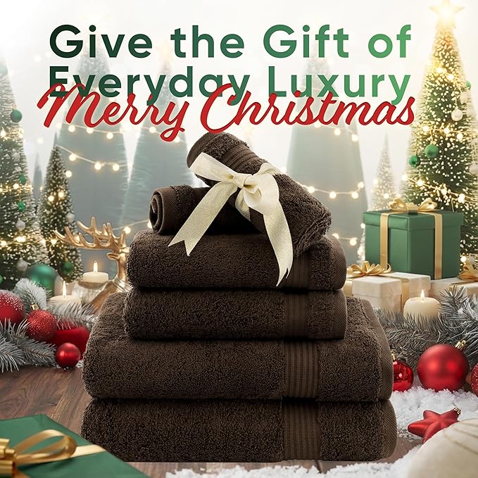 American Veteran Towel, 6 Piece Towel Set for Bathroom, 100% Cotton Turkish Bathroom Towels, 2 Bath Towels 2 Hand Towels 2 Washcloths, Brown