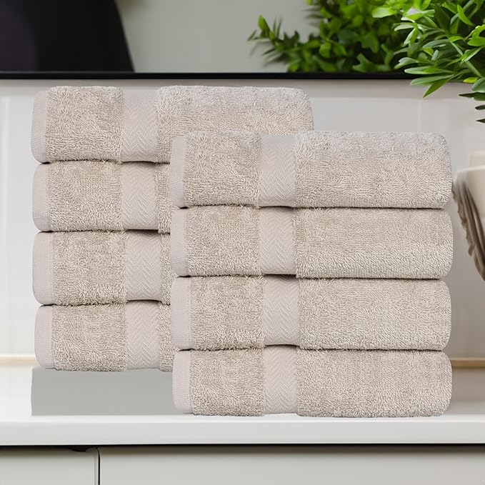 Superior 8-Piece Cotton Hand Towel Set, Small Towels for Fast Dry, Home Essentials, Bathroom Decor, Face, Body, Spa, Resort, Gym, Lightweight, Soft, House Accessories, Franklin Collection, Stone
