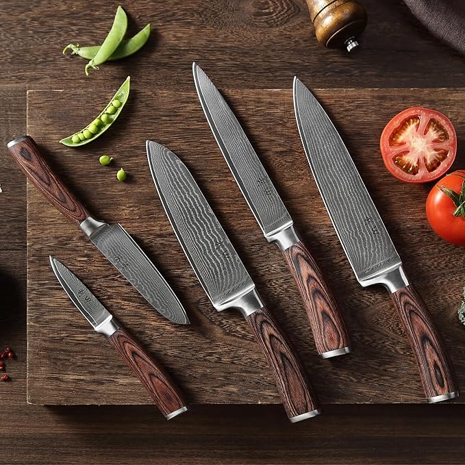 Wakoli EDIB 5-Piece Damascus Knife Set – Professional Chef Knives Set with VG10 Core Blades, 67-Layer Damascus Steel and Ergonomic Pakkawood Handles – Premium Kitchen Knives in Wooden Gift Box