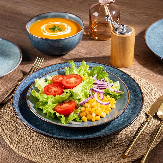 AmorArc Ceramic Dinnerware Sets for 6, 18 Pieces Handpainted Plates and Bowls Set, Scratch Resistant Stoneware Dishes Set, Dishwasher & Microwave Safe, Ceylon Blue