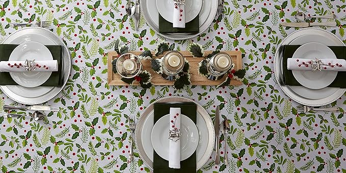 DII Boughs of Holly Collection Decorative Holiday Dining Table & Kitchen Décor, Square Tablecloth, 52x52, Christmas Greenery
