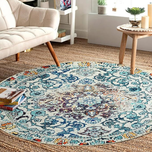 Easy-Going Round Rug 5ft Area Rug Washable Boho Circle Rugs for Living Room Non-Slip Bedroom Rug Low Pile Lightweight Medallion Distressed Throw Rug for Dining Room Kitchen Office, Vintage Multi