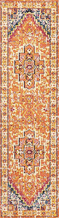 JONATHAN Y Brooklyn Geometric Medallion Orange/Blue Runner Rug, 2x8, Vintage, Bohemian, Easy-Cleaning for Living Room, Bedroom, Kitchen, Pet Friendly, Non-Shedding (MDP207D-28)