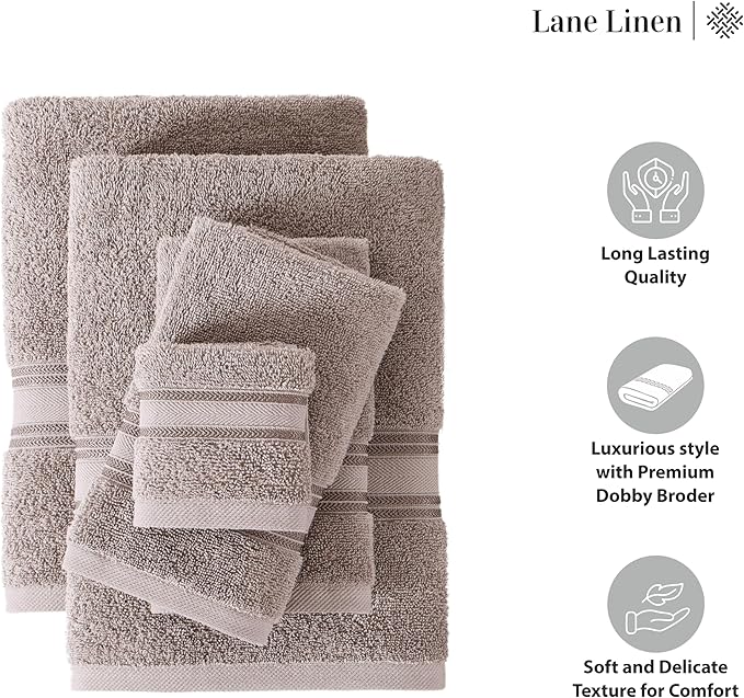 LANE LINEN Luxury Bath Towel Set - 6 Piece Set, 100% Cotton Bathroom Towel, Zero Twist, Shower Towel, Extra Absorbent, Super Soft, 2 Bath, 2 Hand, 2 Wash Cloths - Platinum