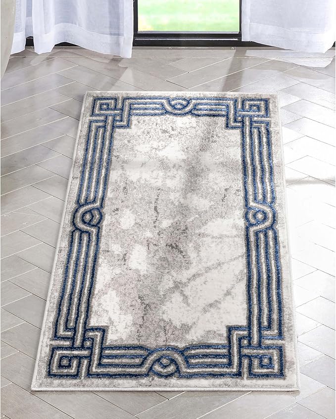 Well Woven Lezlee Abstract Modern 2' x 3' Area Rug - Blue Marble Border - for Entryway, Office, Accent