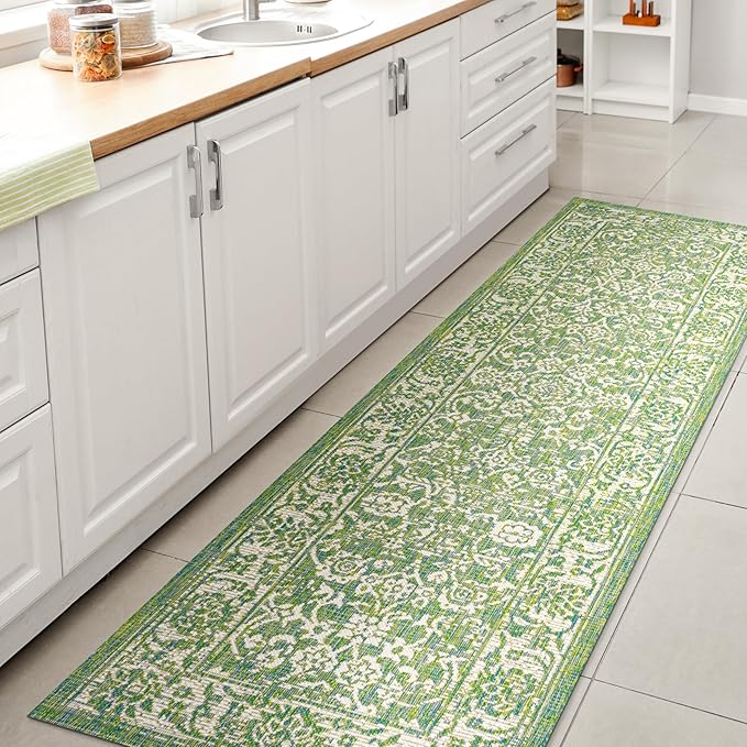 JONATHAN Y Weave Floral Indoor Outdoor Runner Rug 2X10 Cream/Green, Tela Bohemian Textured for Backyard, Patio, Porch, Easy-Cleaning, High Traffic, Pet-Friendly, Non-Shedding (SMB100F-210)