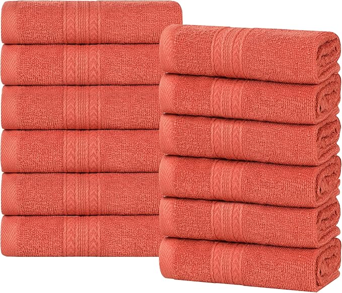 Superior Eco-Friendly Cotton 12-Piece Face Towel/Washcloth Set, Small, Fast Drying Towels for Face, Spa, Resort, Hotel, Hand, Shower, Guest Bathroom, Home, Airbnb, Apartment Essentials, Rust